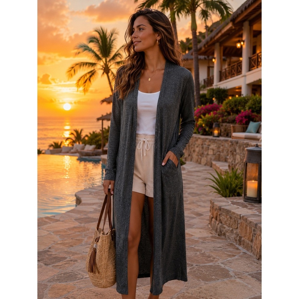 FP Beach Free People Charcoal Grey Marl Duster Cardigan Open Front Long Small
